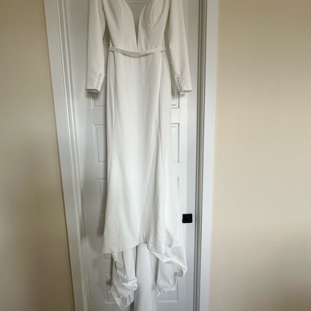 White Tiered Ruffled Gown with Bishop Sleeves